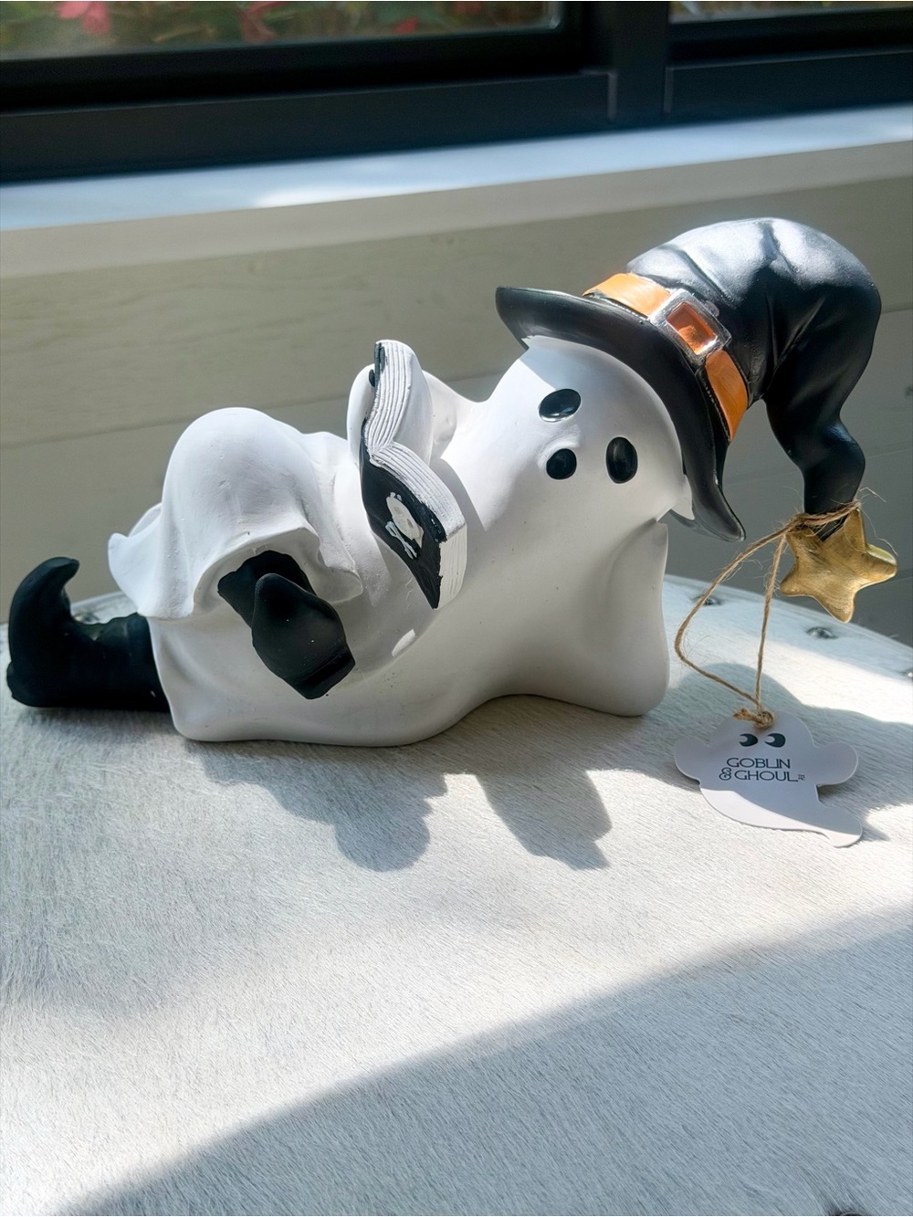 Goblin & Ghoul Ghost Reading Book Figure Viral Halloween Decor Black White NWT